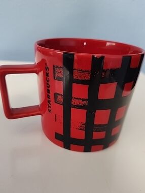Starbucks Red Ceramic Mug with Black Grid Pattern